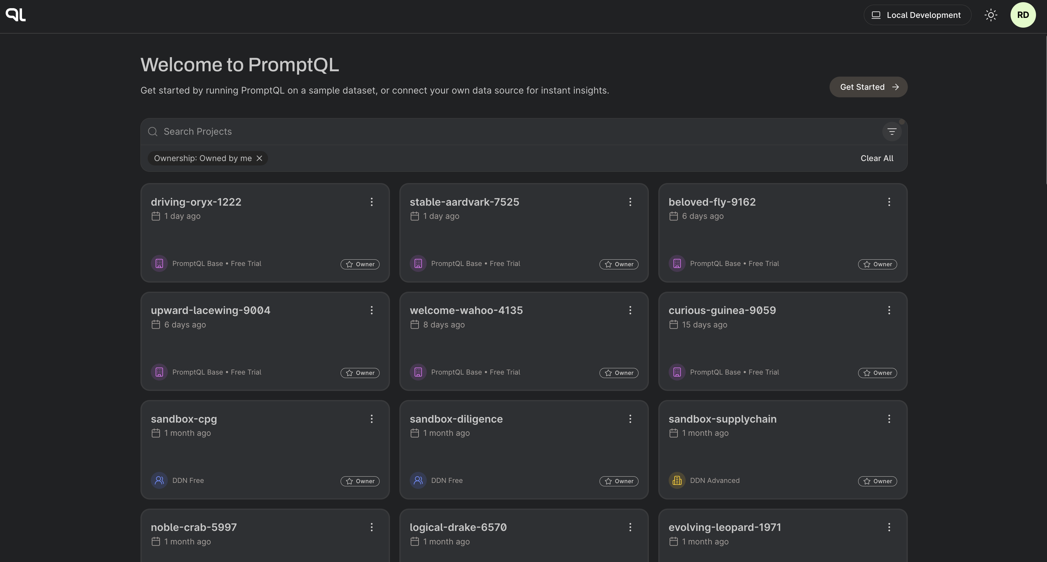The PromptQL Cloud Console with all projects.