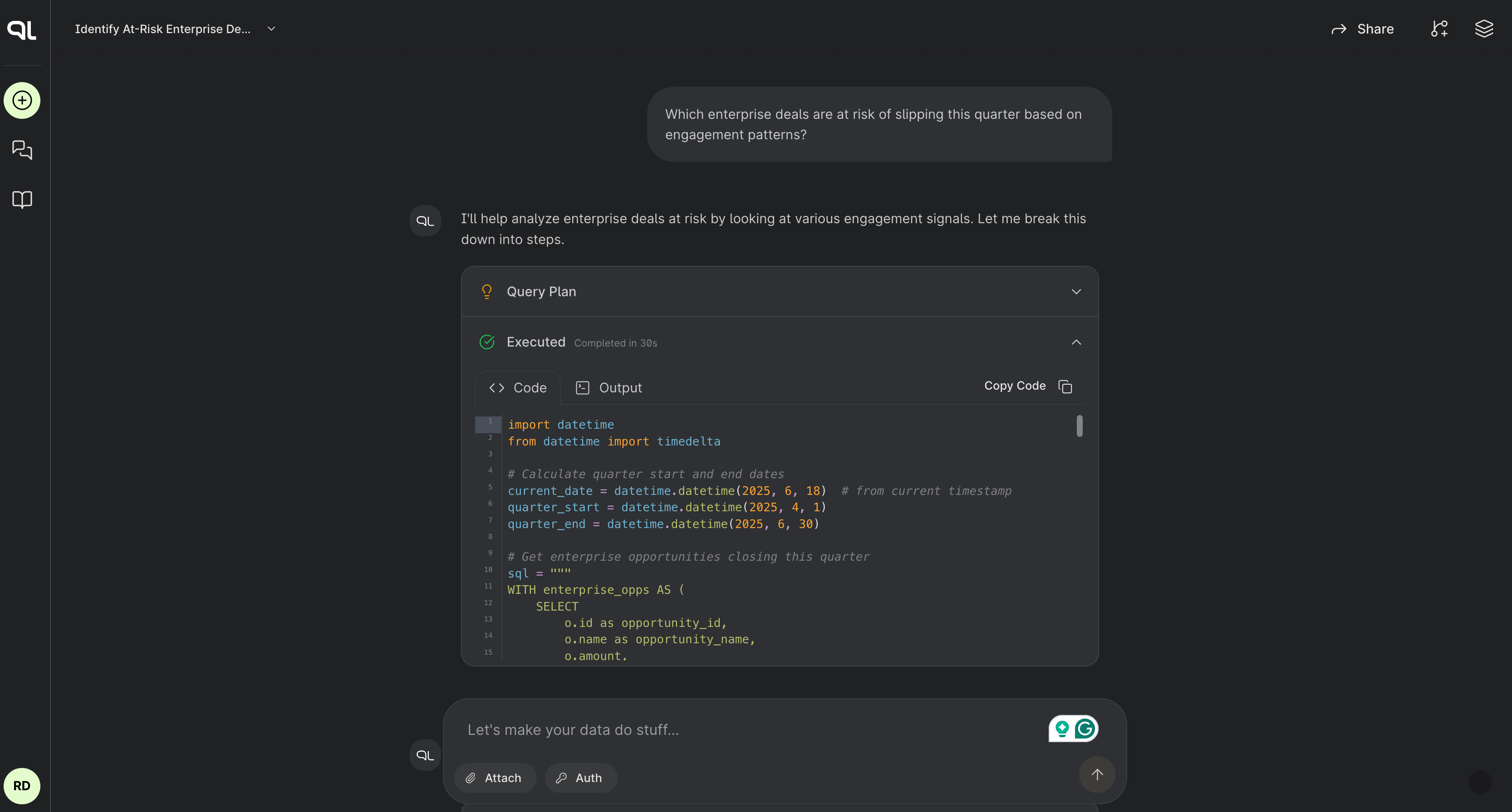 A query plan's execution of Python and SQL.