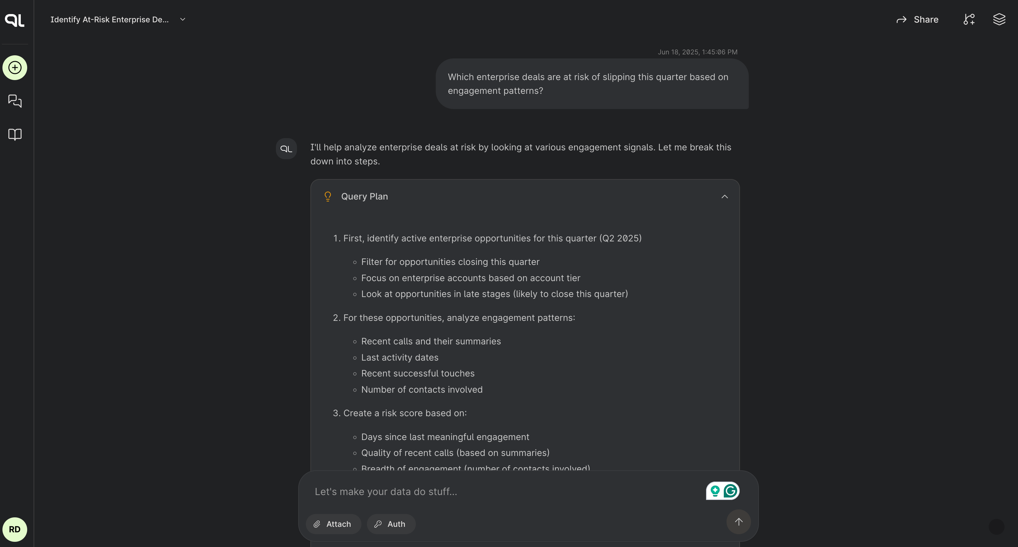 A query plan for a question detailing all steps to find the right data.